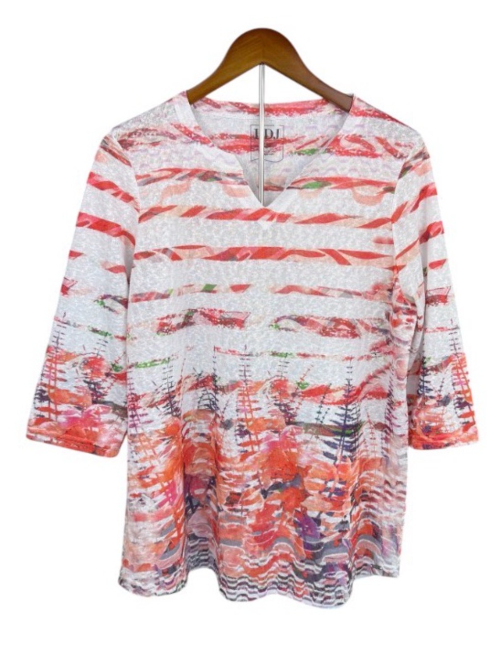 FDJ Floral Top V Neck 3/4 Sleeves Lightweight White Orange Size Large